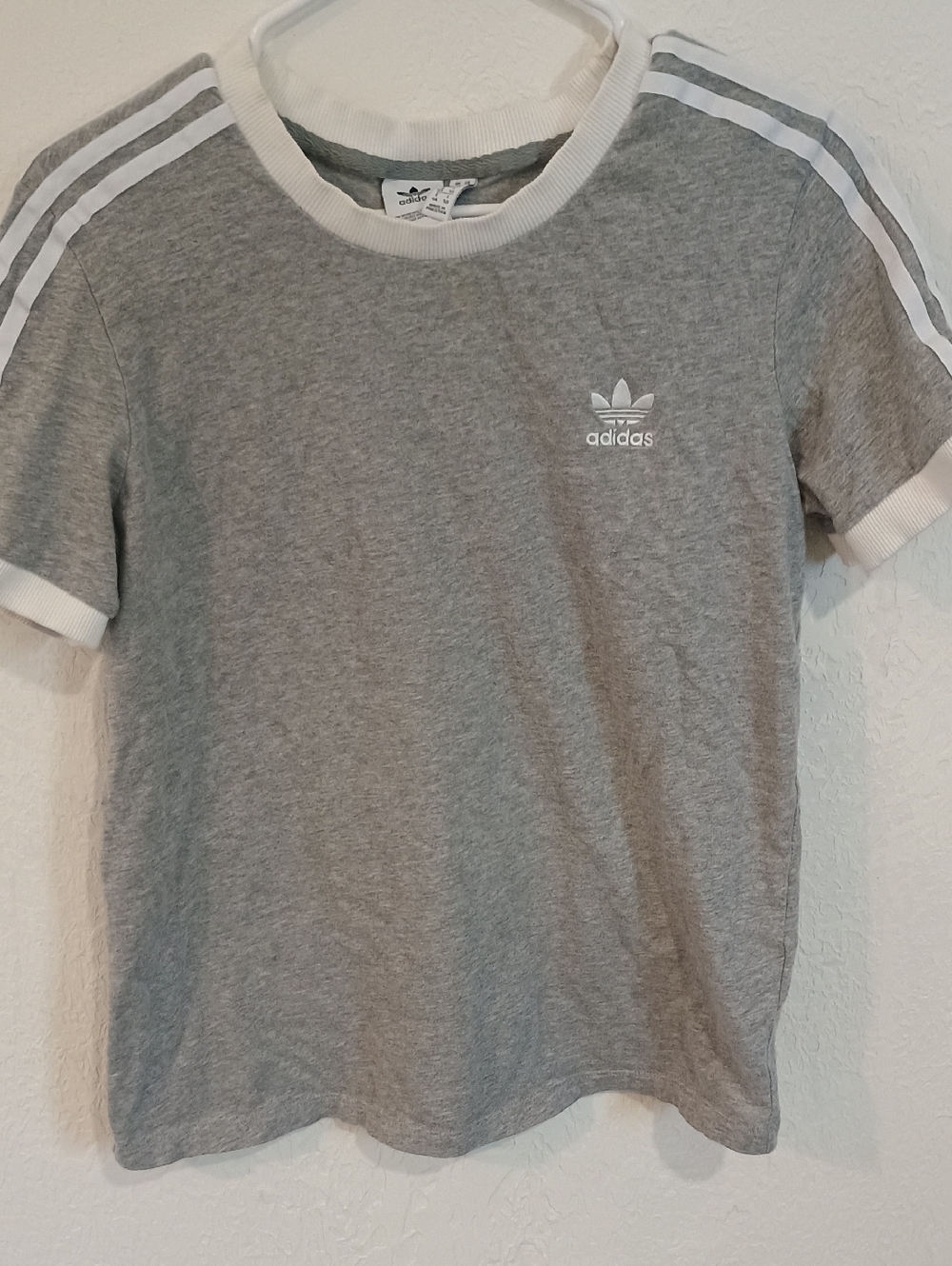 adidas Heather Gray Tee with White Trim and Shoulder Stripes